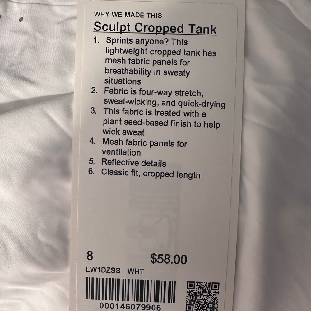 Lululemon Athletica White Sculpt Cropped Tank